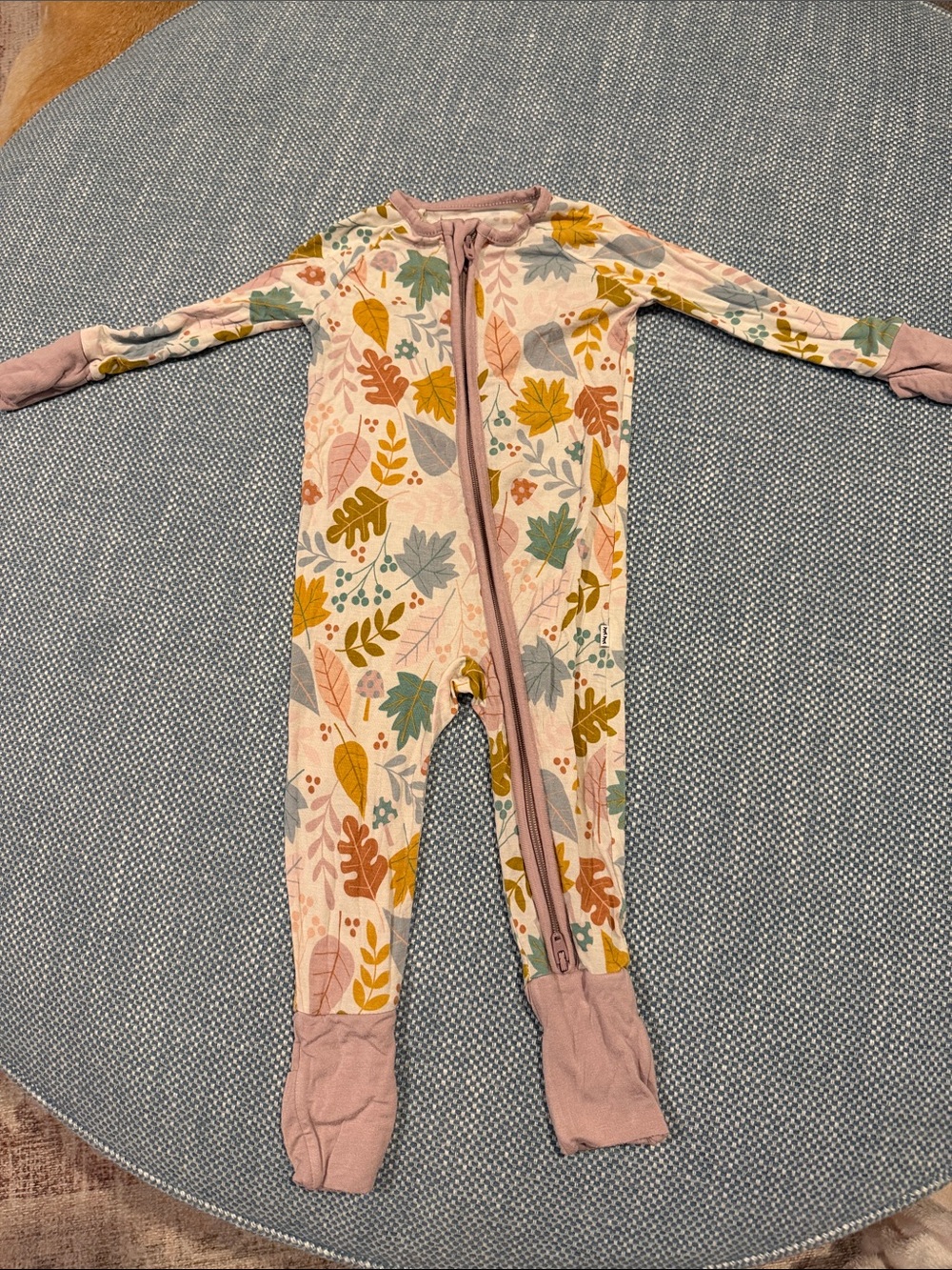 Kids Long-Sleeve Leaf Print One-Piece Romper - Pink Trim